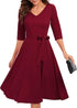 Mikasi Vintage Rockabilly Midi Kleid mit 3/4 Ärmeln und V-Ausschnitt für Hochzeiten und Cocktailpartys